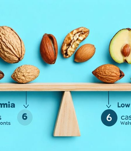 Infographic depicting a seesaw concept with various nuts, highlighting the balancing act of omega-3 and omega-6 fatty acids. Vibrant visuals show macadamia nuts, hazelnuts, and cashews on one side, contrasting with higher omega-6 nuts like almonds and walnuts.