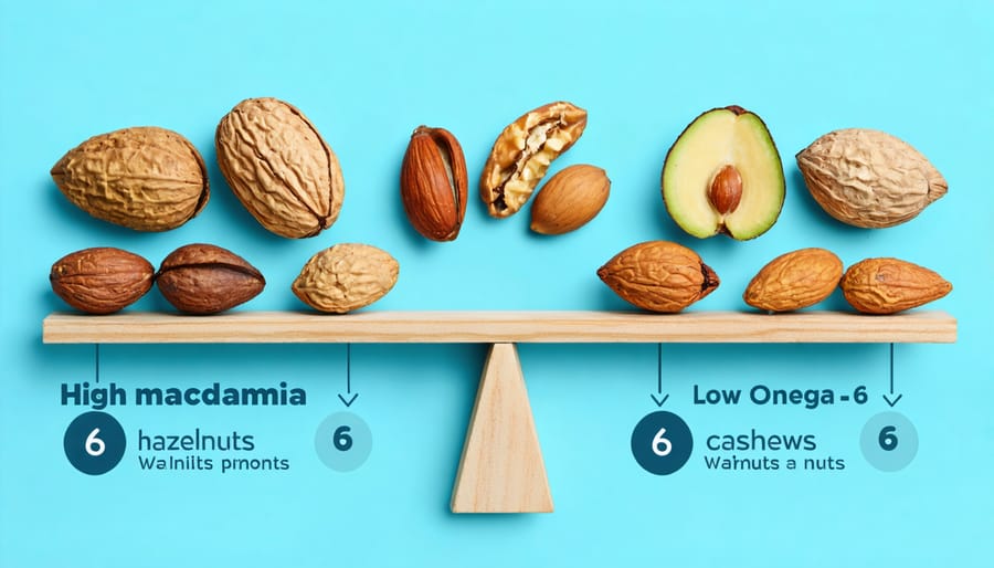 Infographic depicting a seesaw concept with various nuts, highlighting the balancing act of omega-3 and omega-6 fatty acids. Vibrant visuals show macadamia nuts, hazelnuts, and cashews on one side, contrasting with higher omega-6 nuts like almonds and walnuts.