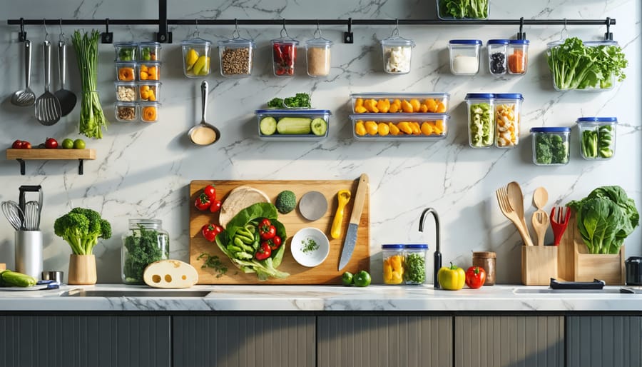 Well-organized kitchen counter with labeled containers and neatly arranged cooking tools