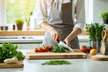 A calm, organized kitchen counter with minimal essential cooking tools and natural lighting. A person mindfully chops fresh vegetables, embodying the theme of creating a peaceful, intentional cooking space.
