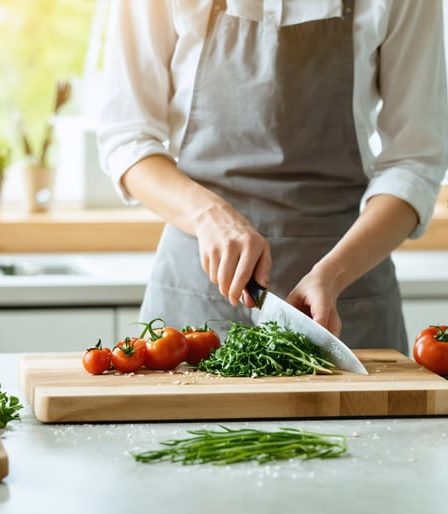 A calm, organized kitchen counter with minimal essential cooking tools and natural lighting. A person mindfully chops fresh vegetables, embodying the theme of creating a peaceful, intentional cooking space.
