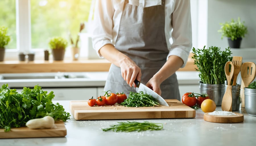 A calm, organized kitchen counter with minimal essential cooking tools and natural lighting. A person mindfully chops fresh vegetables, embodying the theme of creating a peaceful, intentional cooking space.