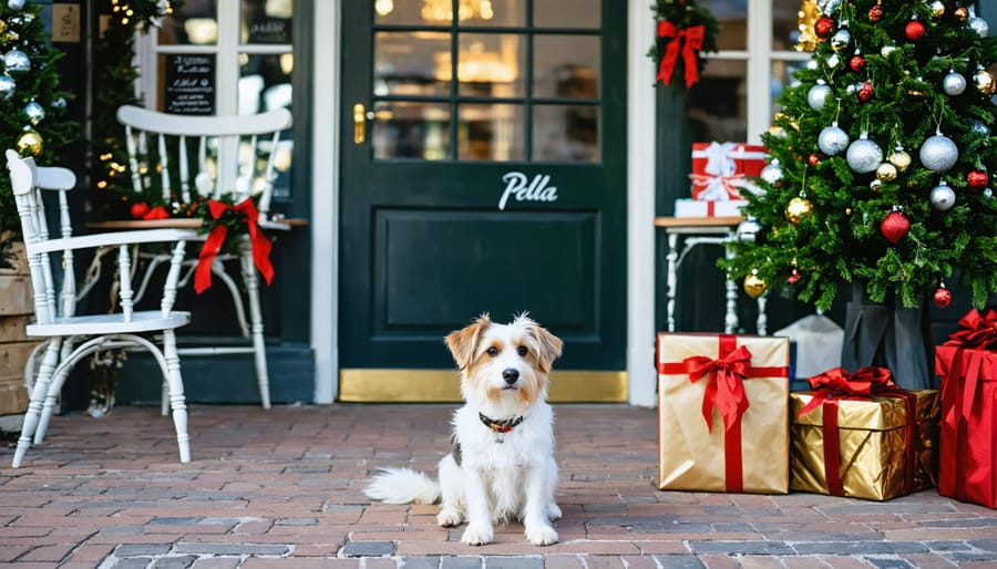 Happy dog posing in front of illuminated holiday window display on Pella's Main Street