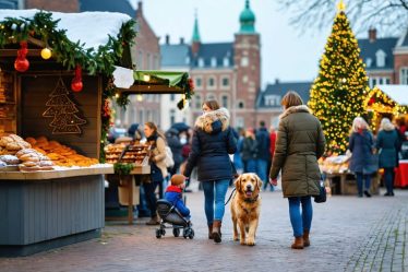 A joyous pet-friendly holiday market in Pella, showcasing Dutch-style architecture, speculaas cookie stands, and festive decorations. A family with their happy dog enjoys the lively atmosphere among twinkling lights.