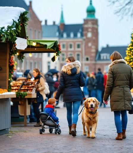 A joyous pet-friendly holiday market in Pella, showcasing Dutch-style architecture, speculaas cookie stands, and festive decorations. A family with their happy dog enjoys the lively atmosphere among twinkling lights.