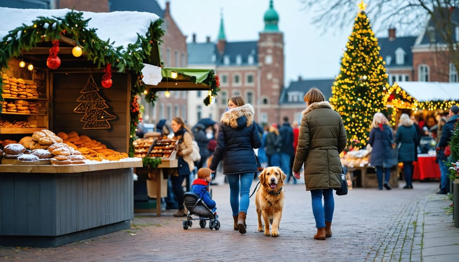 A joyous pet-friendly holiday market in Pella, showcasing Dutch-style architecture, speculaas cookie stands, and festive decorations. A family with their happy dog enjoys the lively atmosphere among twinkling lights.