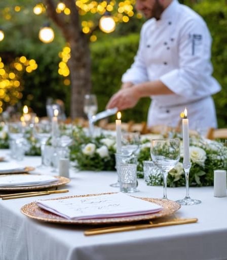Professionally set outdoor dining table with hand-written menus and twinkling lights, highlighting a chef interacting with engaged diners in an elegant garden setting.