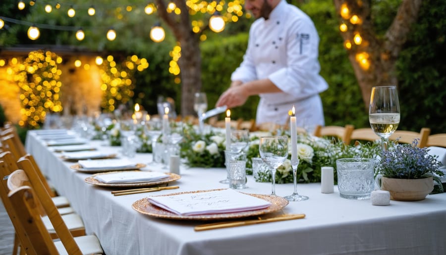 Professionally set outdoor dining table with hand-written menus and twinkling lights, highlighting a chef interacting with engaged diners in an elegant garden setting.