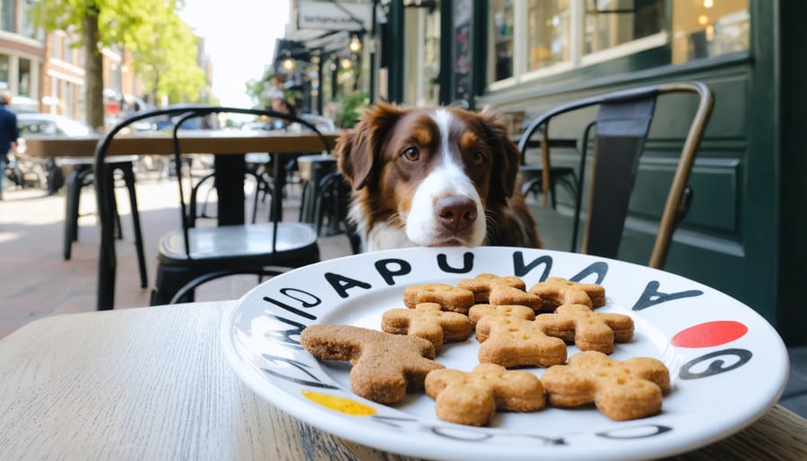 Dog and person sharing holiday treats at a pet-friendly Pella bakery
