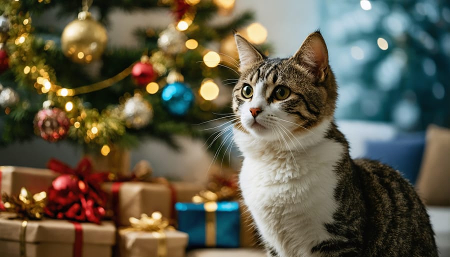 Cat posed elegantly in front of decorated Christmas tree with twinkling lights