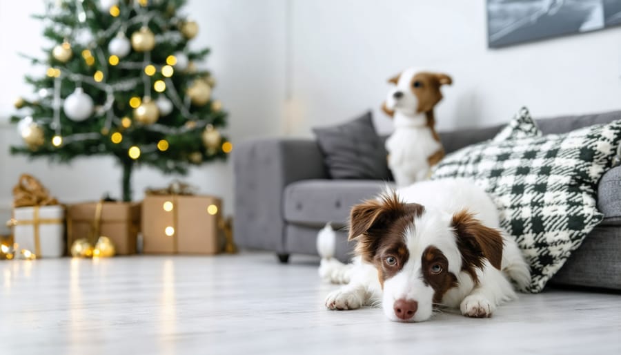 Pet-proofed living room with traditional Pella Christmas decorations