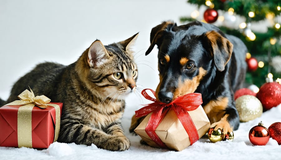 Pets excitedly exploring wrapped holiday gifts amid pet-friendly decorations