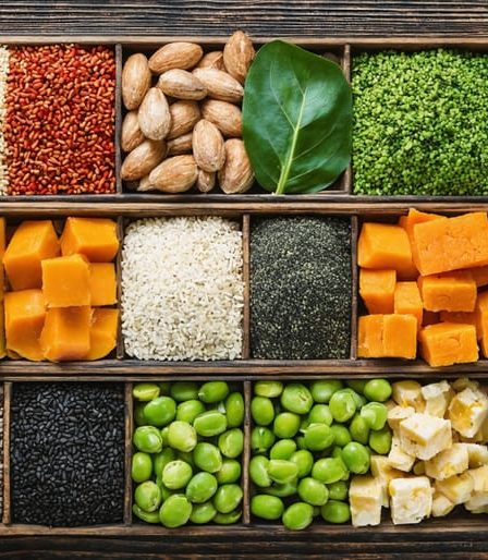 A colorful array of plant-based complete protein sources, featuring quinoa, buckwheat, tempeh, tofu, edamame, hemp seeds, chia seeds, and spirulina, arranged on a rustic wooden surface to represent a balanced and nutritional diet without meat.