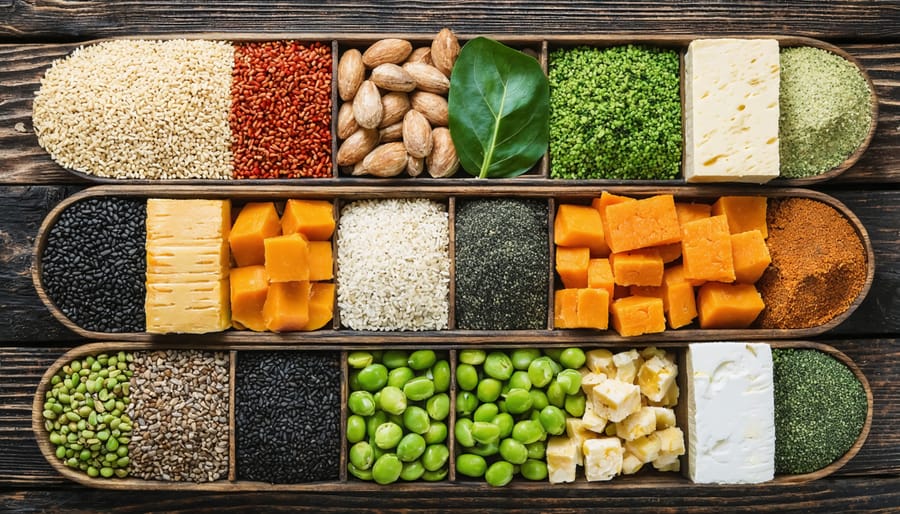 A colorful array of plant-based complete protein sources, featuring quinoa, buckwheat, tempeh, tofu, edamame, hemp seeds, chia seeds, and spirulina, arranged on a rustic wooden surface to represent a balanced and nutritional diet without meat.