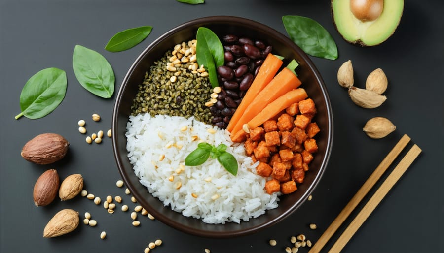 Colorful plant-based meal bowl featuring complementary protein combinations