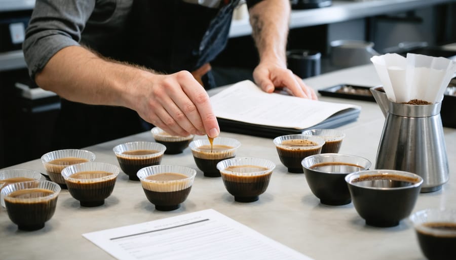 A professional Q Grader deeply focused on evaluating multiple coffee samples during a well-structured cupping session, surrounded by various cups and official scoring sheets.