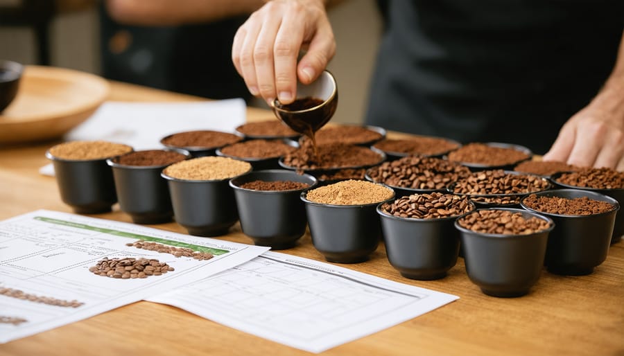 Q Coffee Grader evaluating multiple coffee samples during a professional cupping session