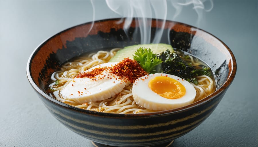 Japanese ramen bowl garnished with 7-spice blend showing typical usage