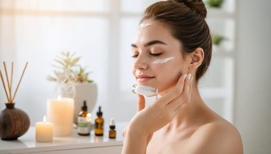 A woman performs a mindful facial massage using a facial roller, amidst a tranquil setup with soft lighting and calming skincare products.