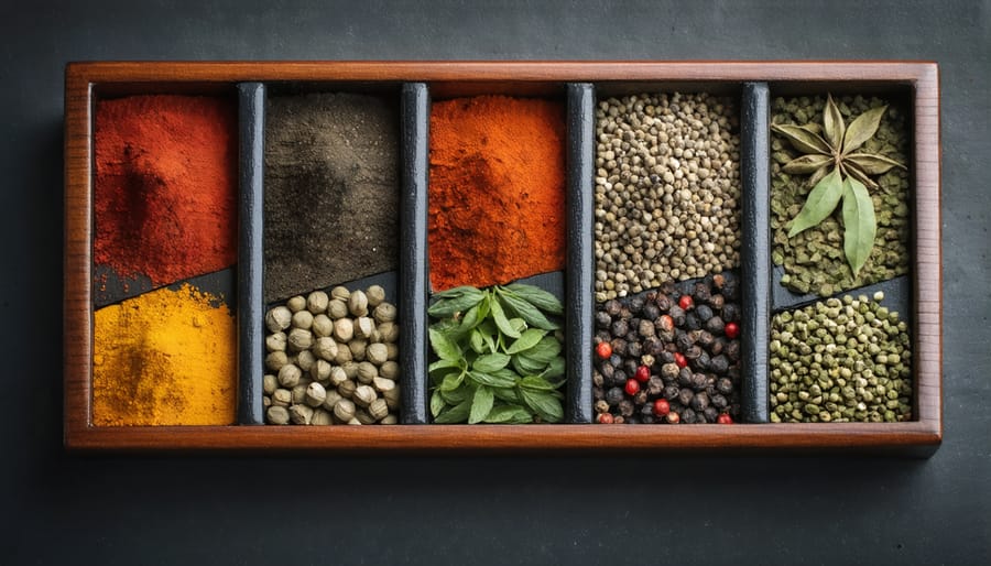 Seven traditional spices of shichimi togarashi displayed separately in small piles