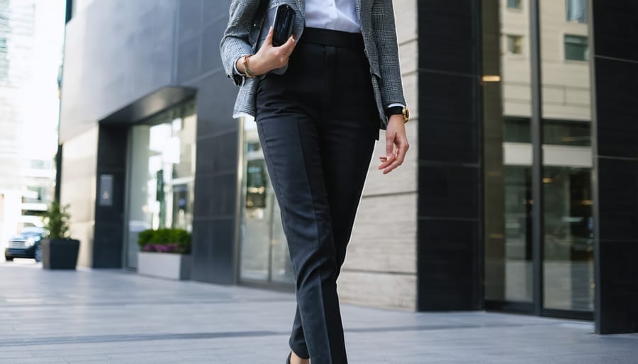 A fashionable individual confidently walking in a cityscape, showcasing wearable tech accessories like a luxury smartwatch and sleek smart jewelry integrated into a stylish business outfit.