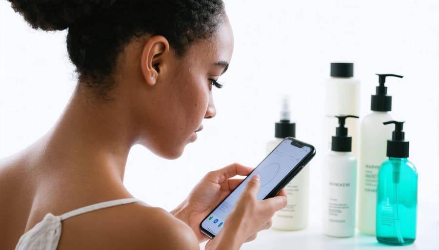 Woman using Yelle Inc's skincare app for personalized product recommendations