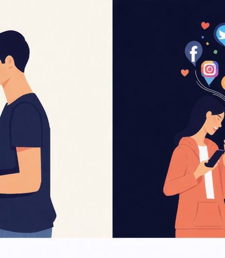 Illustration showing the contrast between real-life connection and social media distraction in relationships, with a couple enjoying time together on one side and distracted by their phones on the other.