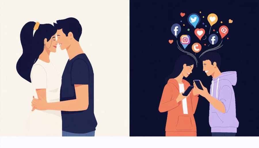 Illustration showing the contrast between real-life connection and social media distraction in relationships, with a couple enjoying time together on one side and distracted by their phones on the other.