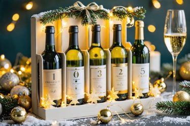 An elegantly arranged sparkling wine advent calendar featuring mini bottles of prosecco, champagne, and cava in numbered compartments, beautifully decorated with holiday ornaments and string lights.