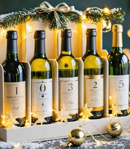 An elegantly arranged sparkling wine advent calendar featuring mini bottles of prosecco, champagne, and cava in numbered compartments, beautifully decorated with holiday ornaments and string lights.