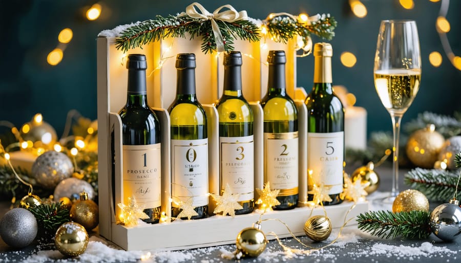An elegantly arranged sparkling wine advent calendar featuring mini bottles of prosecco, champagne, and cava in numbered compartments, beautifully decorated with holiday ornaments and string lights.
