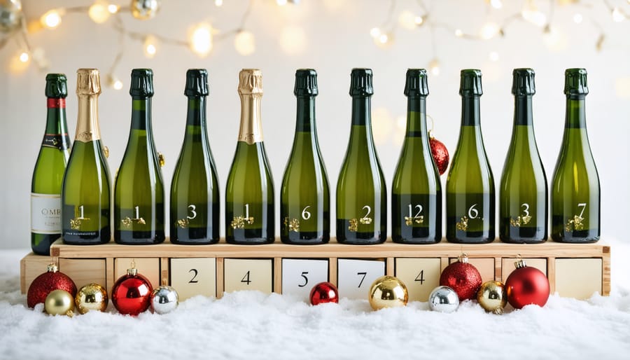 Luxury wine advent calendar display with numbered compartments containing mini champagne bottles