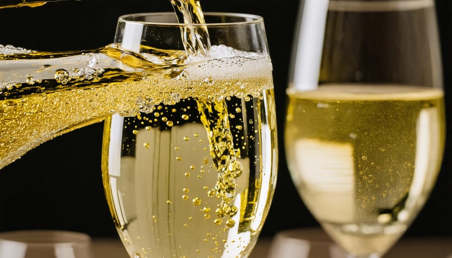 Elegant pour of sparkling wine with visible effervescence in crystal flute