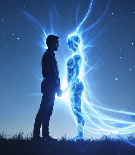 Conceptual illustration of two human silhouettes intertwined with glowing energy lines, symbolizing the transformative power of spiritual connection in relationships.