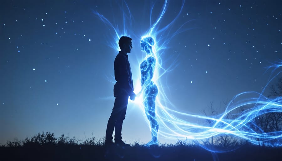 Conceptual illustration of two human silhouettes intertwined with glowing energy lines, symbolizing the transformative power of spiritual connection in relationships.
