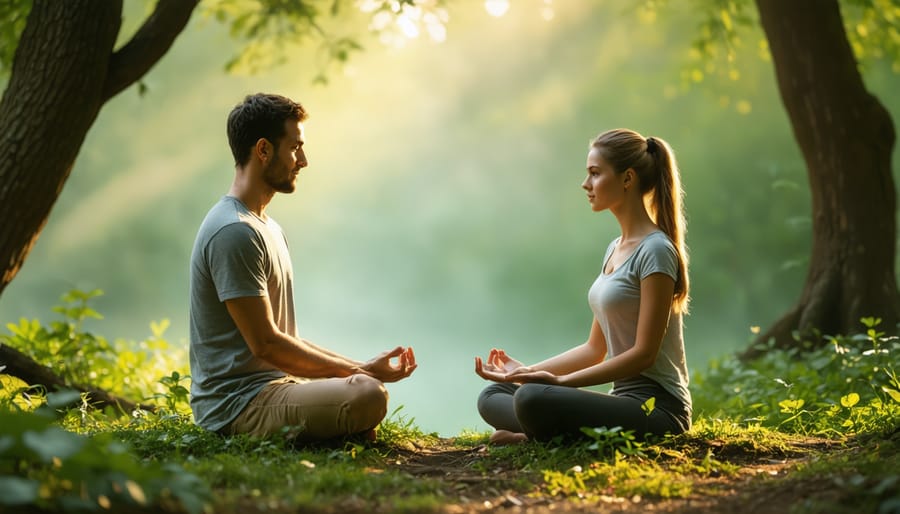 Man and woman practicing meditation together outdoors in a serene garden