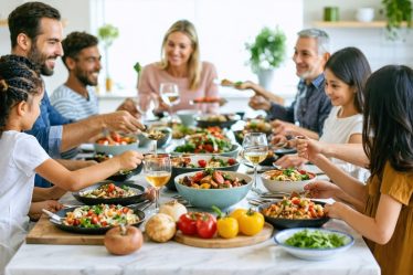 A warm and cozy family dining table with an assortment of colorful and healthy dishes, showcasing a joyful family gathering to enjoy a stress-free, mindful meal together.