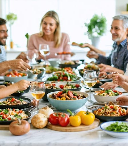 A warm and cozy family dining table with an assortment of colorful and healthy dishes, showcasing a joyful family gathering to enjoy a stress-free, mindful meal together.