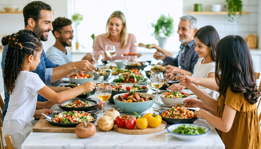 A warm and cozy family dining table with an assortment of colorful and healthy dishes, showcasing a joyful family gathering to enjoy a stress-free, mindful meal together.
