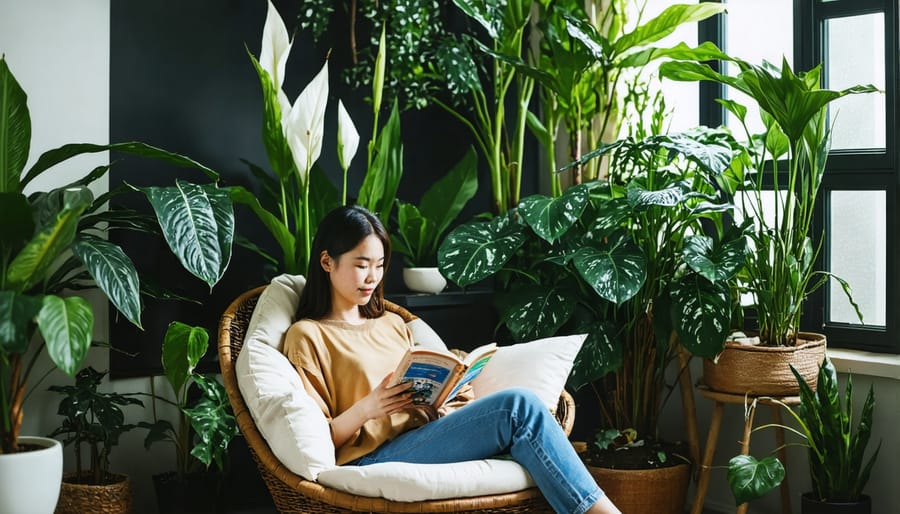 Woman reading in a plant-filled corner demonstrating the stress-reducing benefits of indoor plants