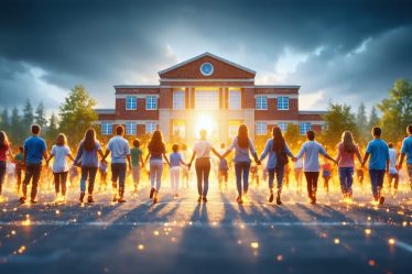 Conceptual illustration of diverse educational leaders forming a human chain around a school, connected by glowing threads to symbolize ethical values in leadership.