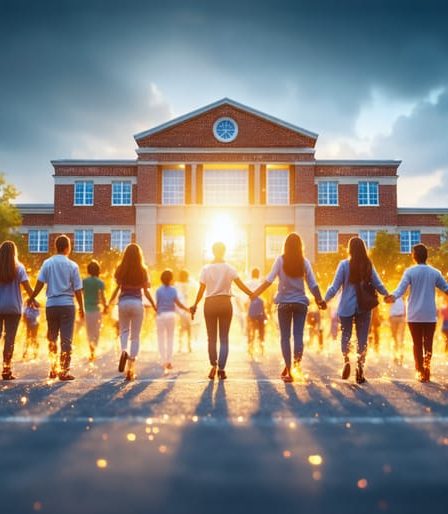 Conceptual illustration of diverse educational leaders forming a human chain around a school, connected by glowing threads to symbolize ethical values in leadership.