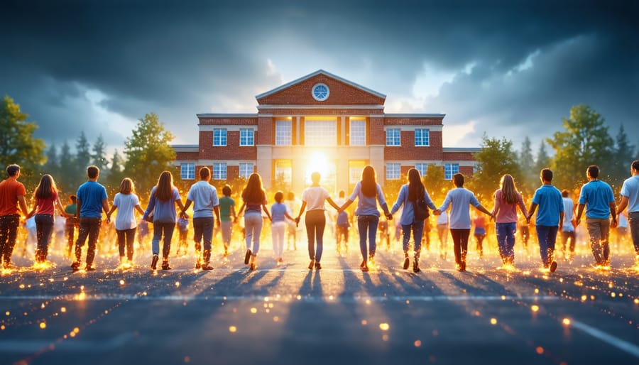 Conceptual illustration of diverse educational leaders forming a human chain around a school, connected by glowing threads to symbolize ethical values in leadership.