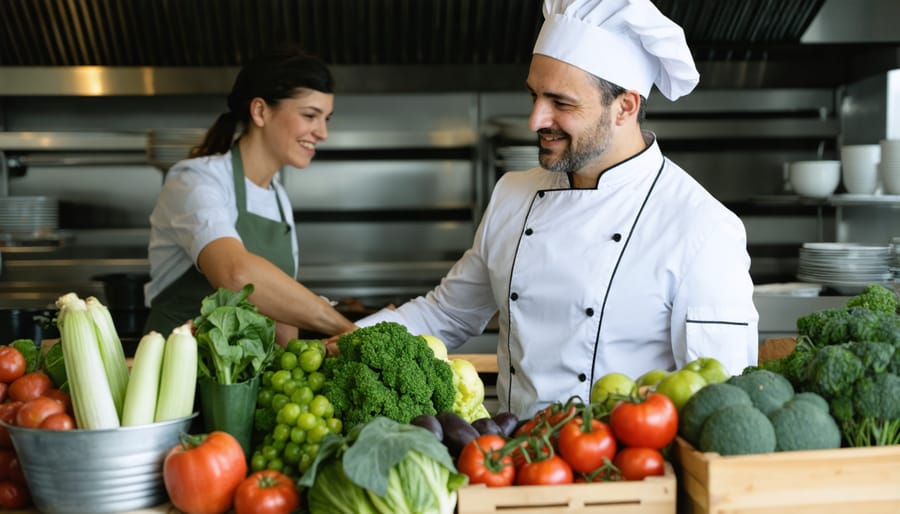 Restaurant chef and local farmers examining sustainably sourced ingredients