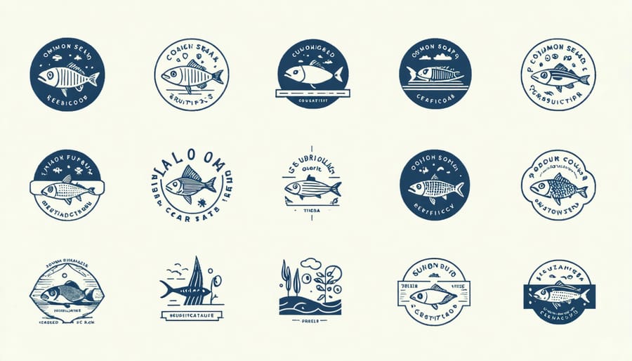 Various sustainability certification labels for seafood including ASC, BAP, and other trusted certifications