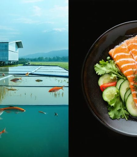 A split image illustrating sustainable tilapia's journey from aquaculture farm to a deliciously plated dish, highlighting eco-friendly farming practices and culinary benefits.