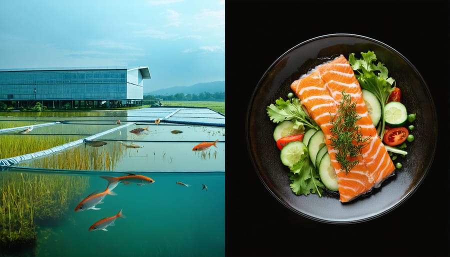 A split image illustrating sustainable tilapia's journey from aquaculture farm to a deliciously plated dish, highlighting eco-friendly farming practices and culinary benefits.