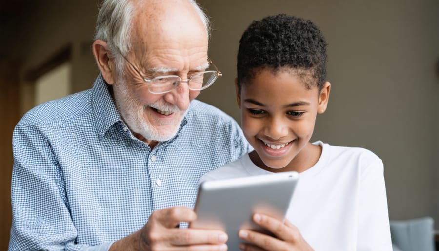 Senior adult and teenager sharing a moment while using technology together