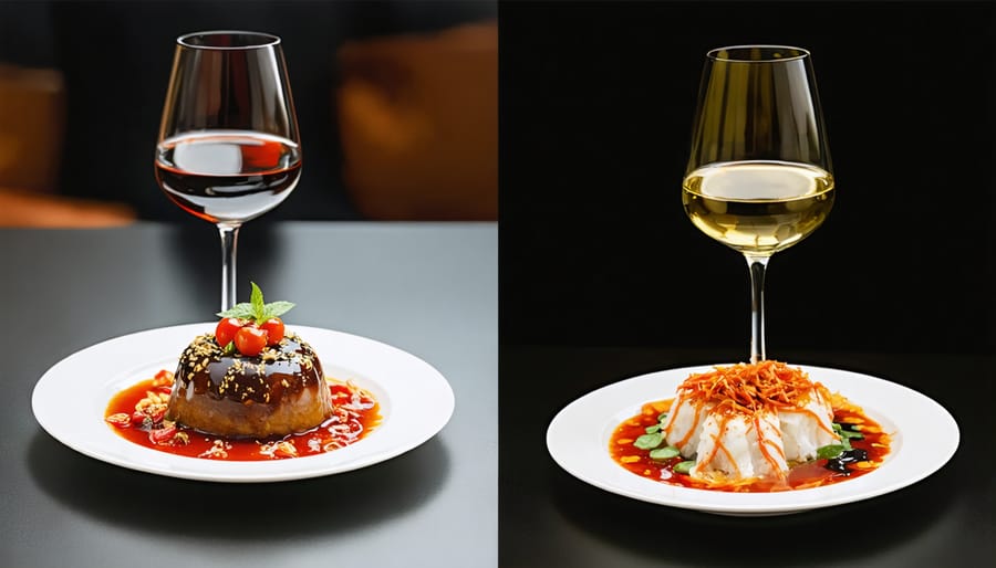 Riesling wine glass next to a colorful plate of Thai curry, breaking traditional pairing rules