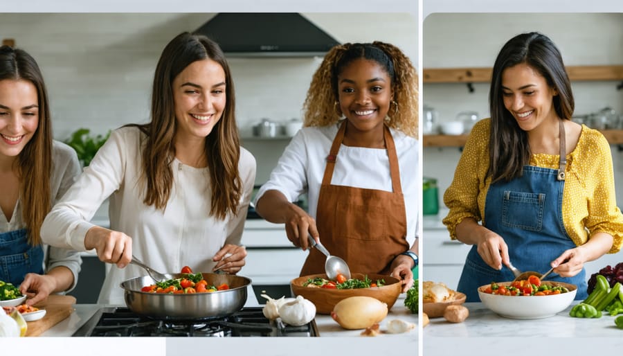 Multiple people cooking together during a virtual cooking class on video conference
